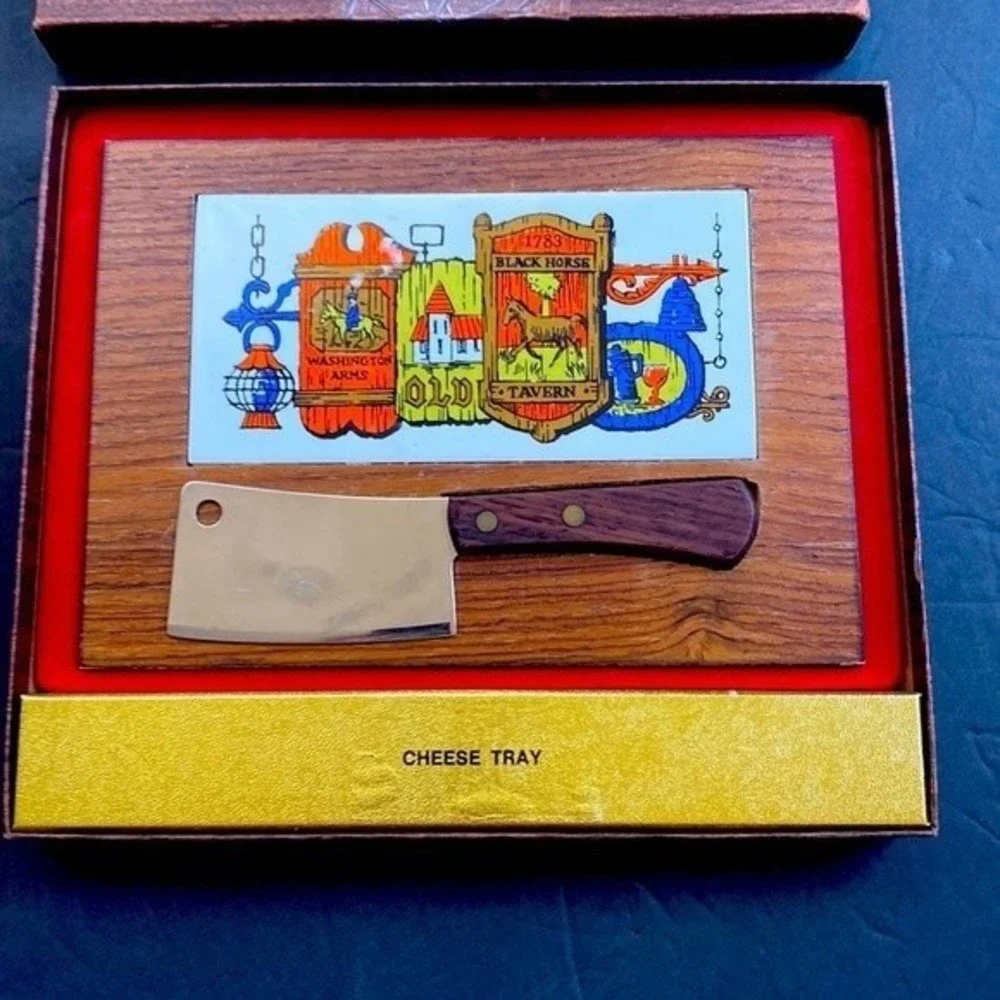 Vintage Cheese Board W/Knife Old Tavern Design Vanderbilt Flour Co. Japan